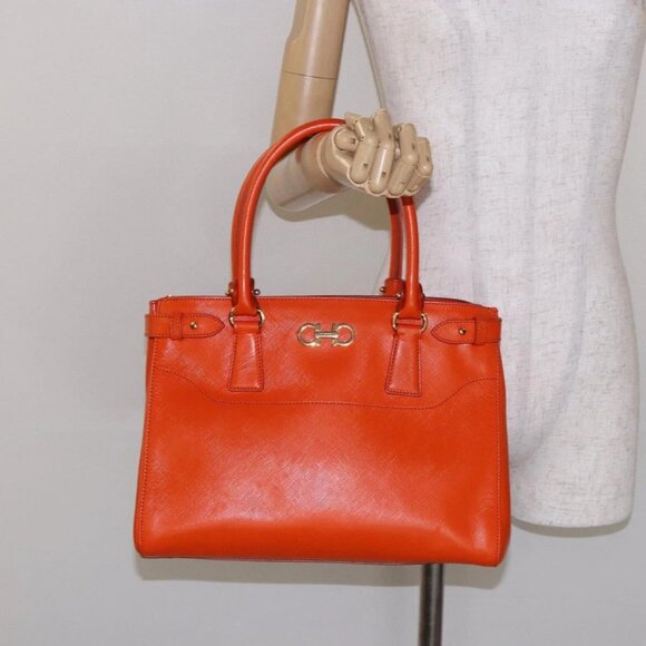 Salvatore Ferragamo Gancini Hand Bag Leather Orange Gold Auth - Picture 1 of 15